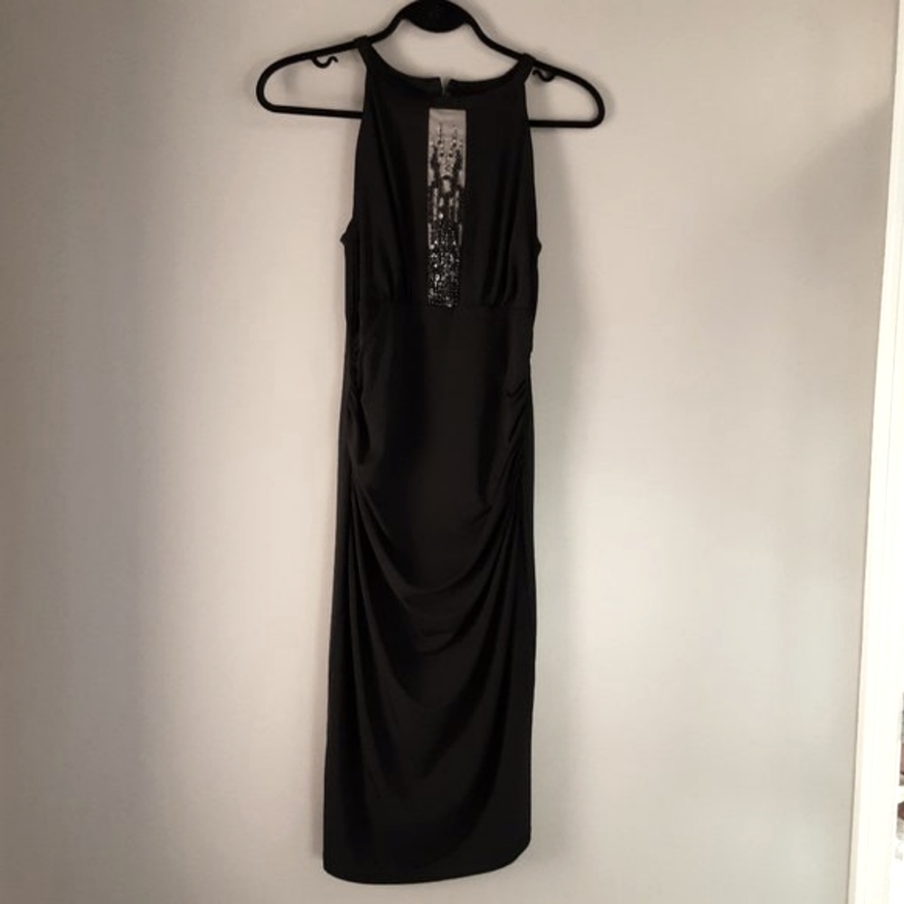Le Chateau Black Sleeveless Ruched Midi Body Con Dress | Lined, Sequins | S